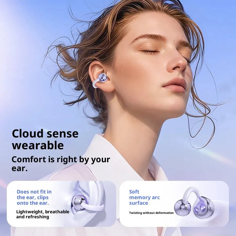 Ear clip wireless Bluetooth headphones with silicone earpieces, sporty style, shown in Aurora Purple, Chaos Black, or Elegant Skin