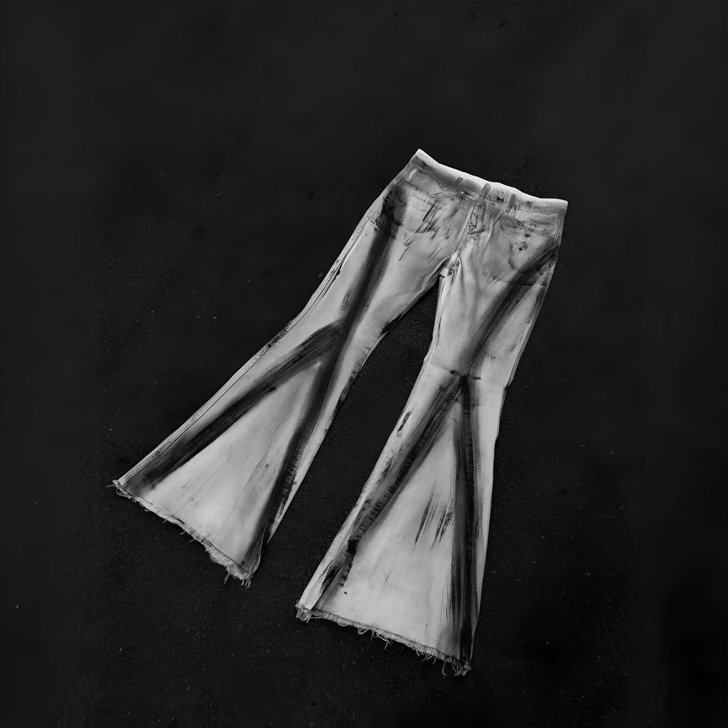 White American street retro heavy rough selvedge style jeans with a black ribbon gradient pattern.