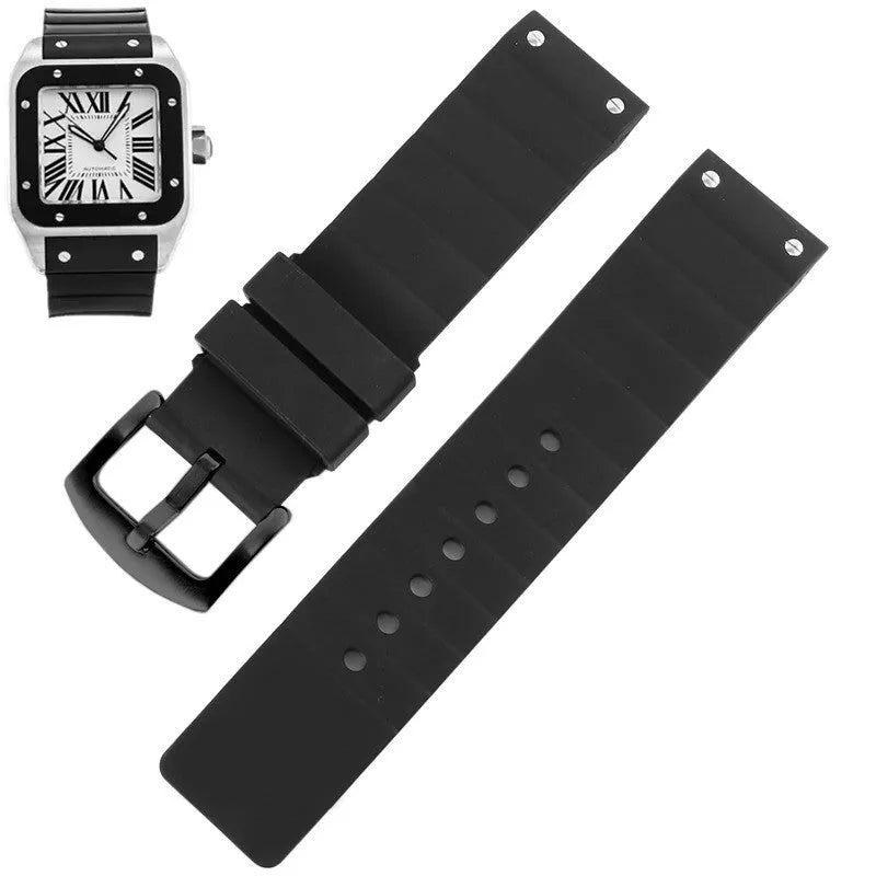 Black silicone watch strap for Cartier Santos with stainless steel needle buckle, 20mm or 23mm interface