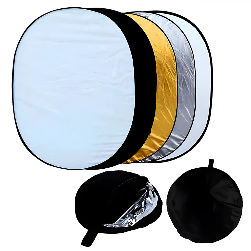 Collapsible photography light reflector with gold, silver, white, black and translucent surfaces