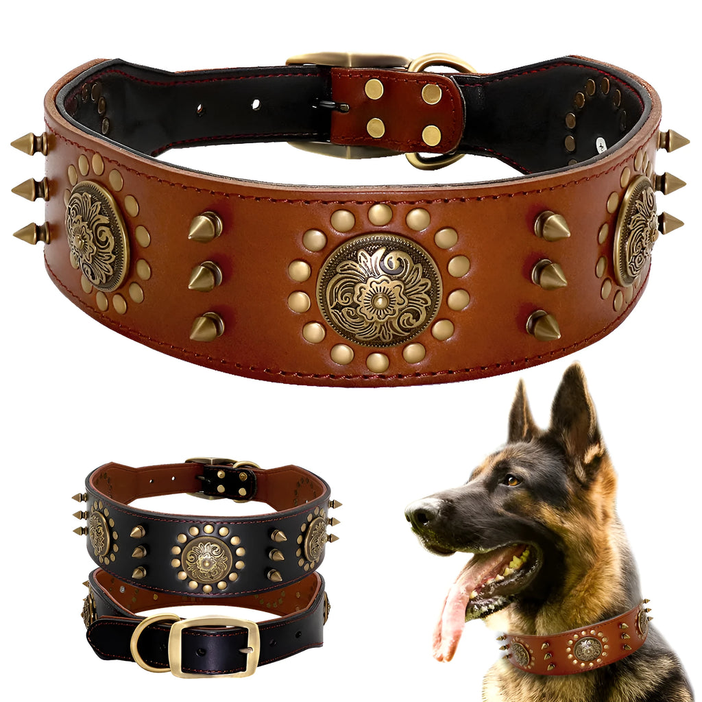 Leather stud dog collar for large dogs, adjustable, brown or black, sizes L and XL