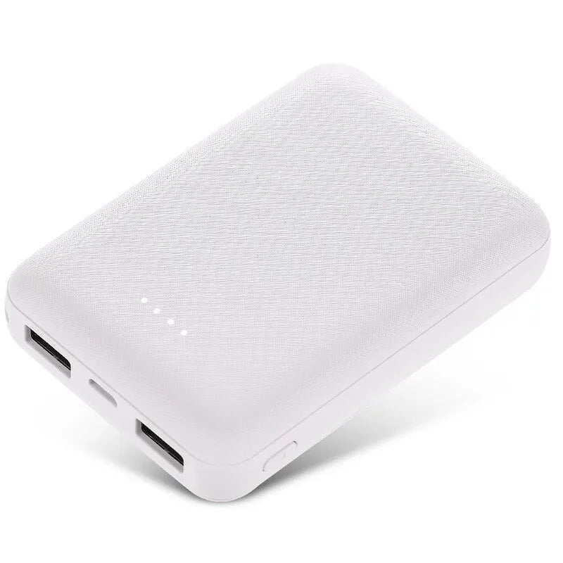 Slim 10,000mAh power bank in black or white with multiple USB ports showing 90x63x22mm dimensions