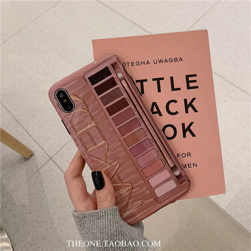 Silicone eye shadow phone case with raised edge showing iPhone compatibility and flesh/grey colour options
