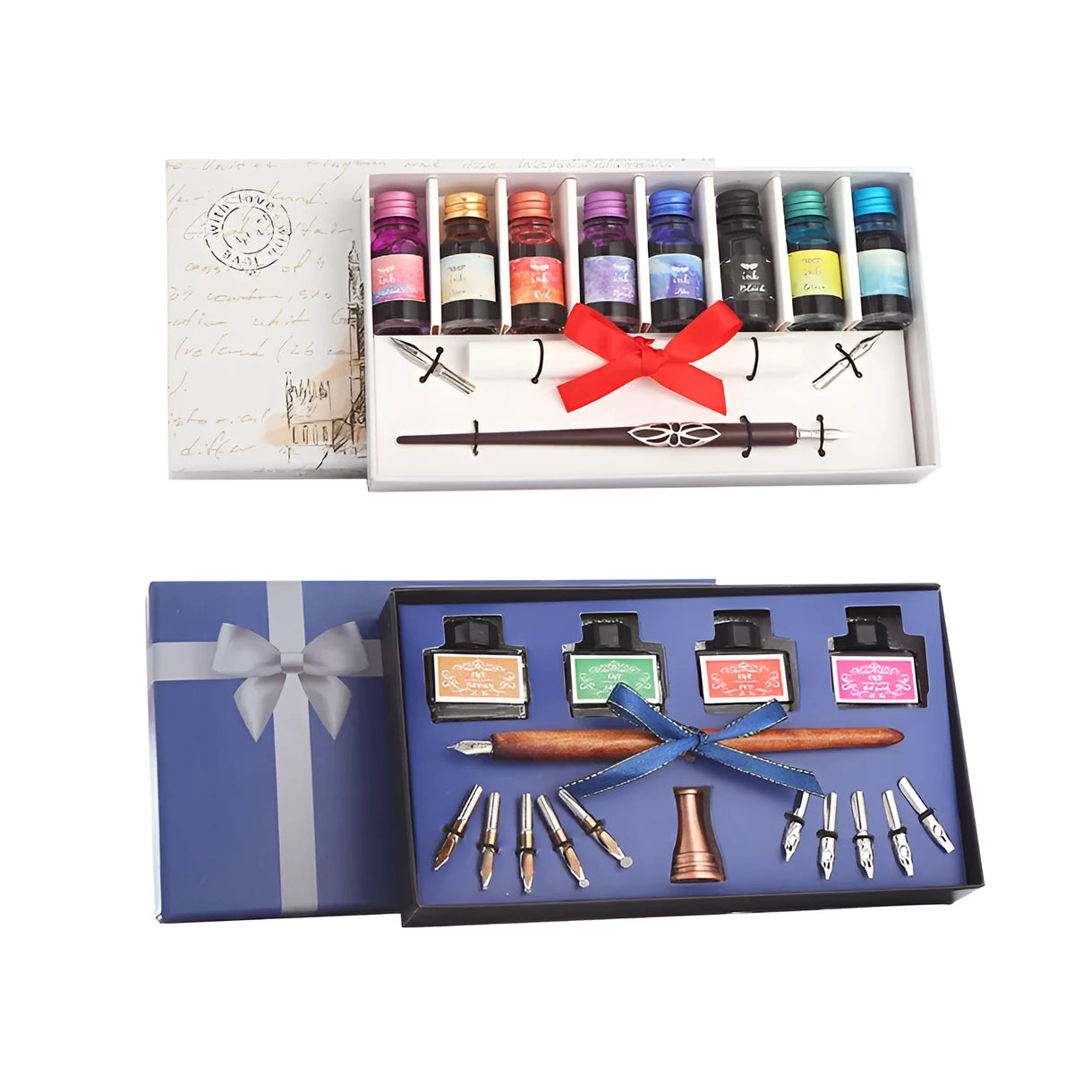 Wooden dip pen gift set with coloured ink bottles in presentation box for calligraphy writing