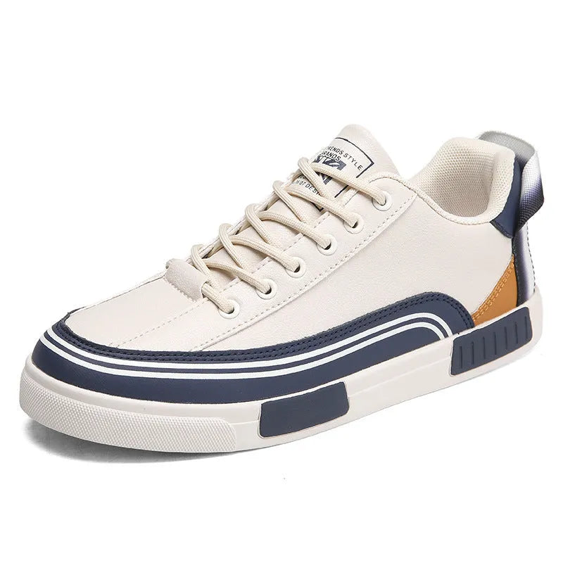 Men's beige, white and green canvas casual shoes with mesh panels, flat heel, and round toe.