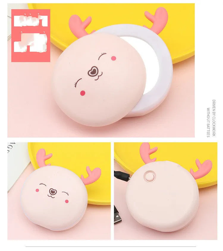 Blue and pink rabbit 3 in 1 USB hand warmer power bank with LED makeup mirror, 11 x 4.5 x 14.5cm ABS plastic