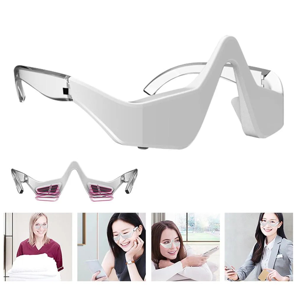 Pink and white USB rechargeable micro-current eye massager with glasses-style frame on a grey background.