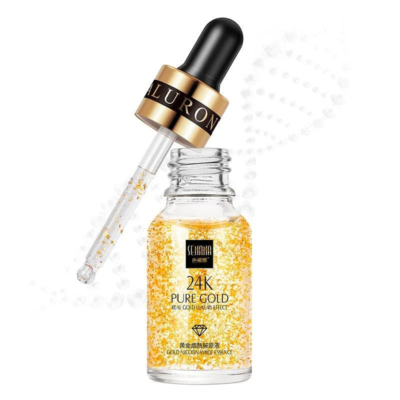 24K gold nicotinamide stock solution bottle in 15ml, 50ml or 100ml, lightweight anti-ageing gel essence for fine lines and dull skin