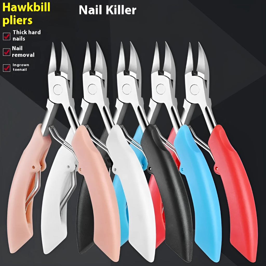 Bevel olecranon groove nail clippers in five colours: black, red, blue, pink, and white.