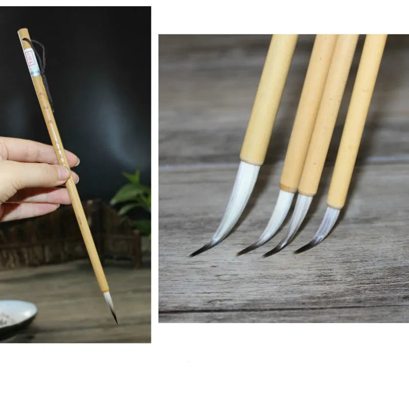 Set of four gold body writing brushes with wolf hair bristles in pine branch colour