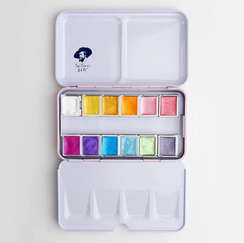 Solid watercolour paint set with pearl finish showing 12 or 24 colour pans in a case.
