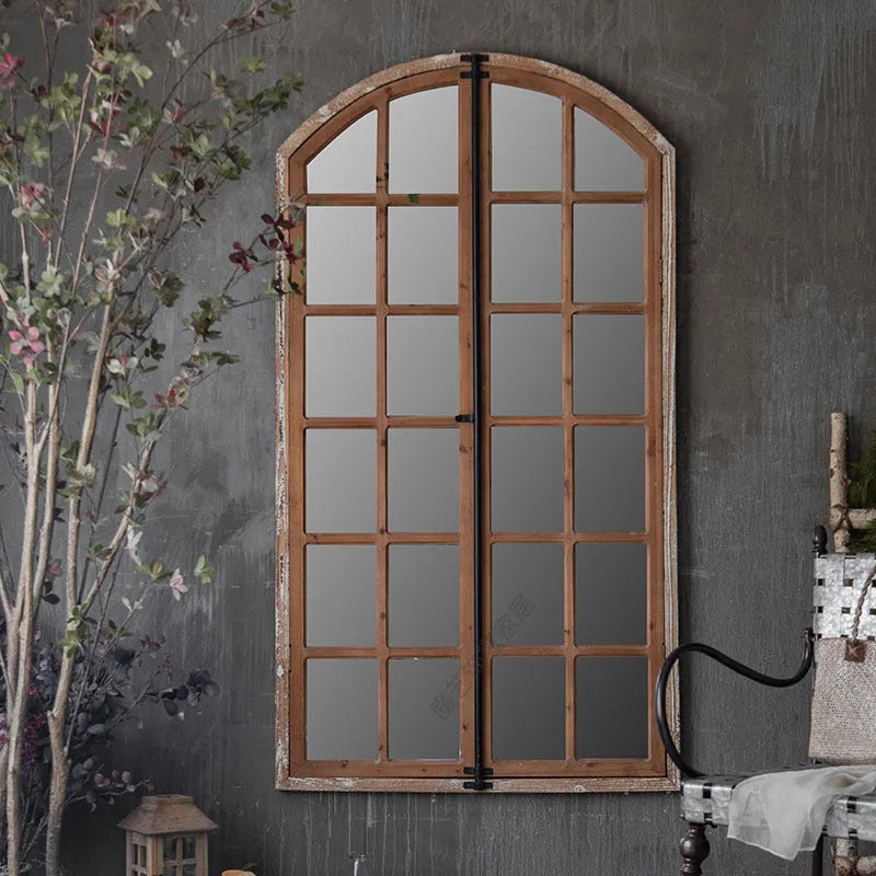 Terrace distressed fake window wall mirror with wooden frame and glass panel in log colour