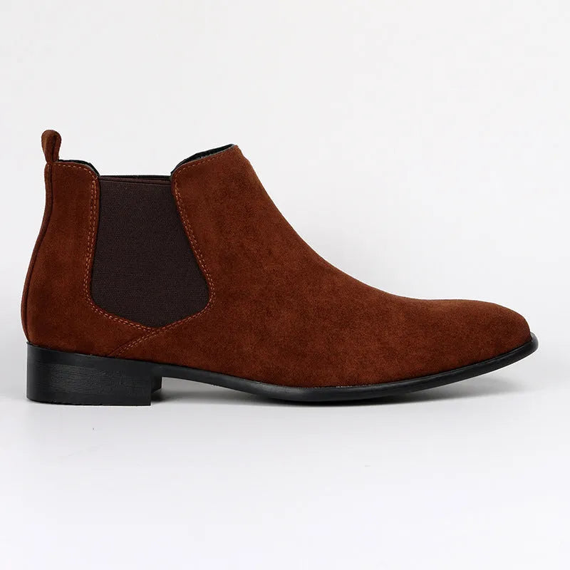 Men's square toe short boots in beige, black or brown, faux leather upper with wedge heel and PVC sole, sizes 40-50