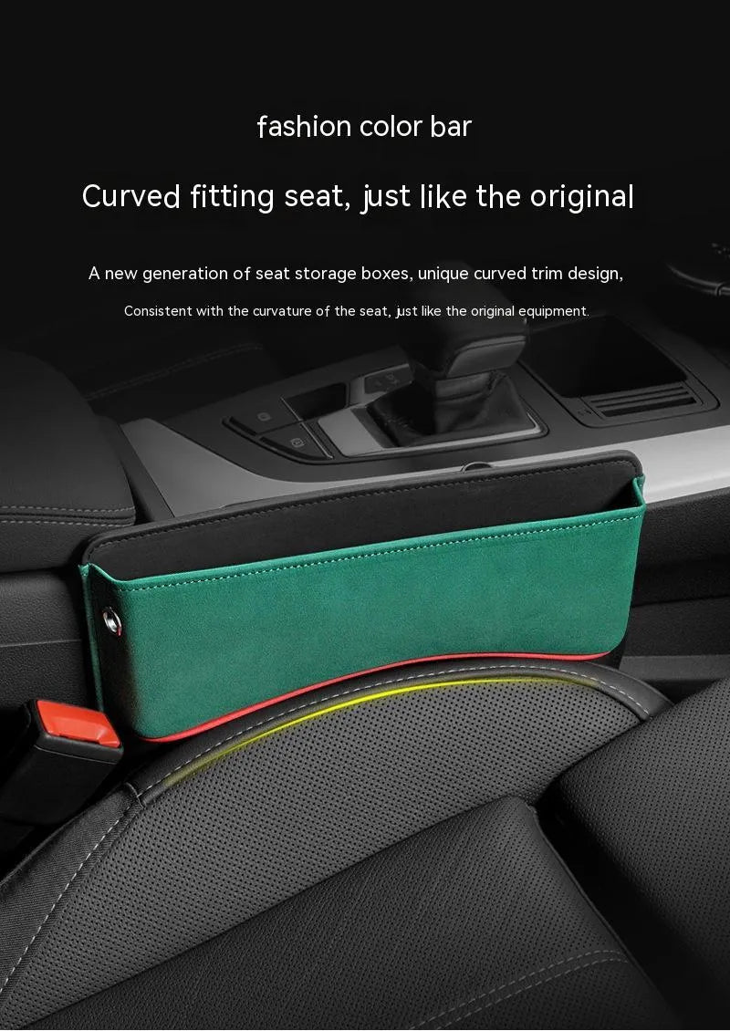 Leather car seat storage box in beige suede colour between vehicle seats