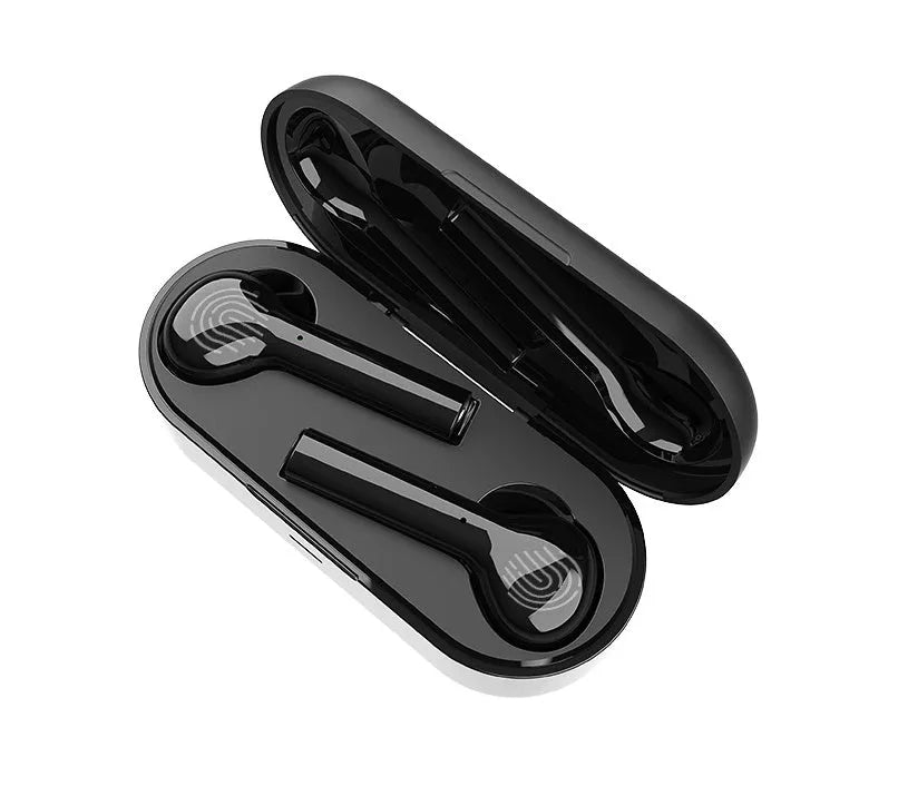 Black and white touch-controlled wireless in-ear headphones with a charging case.