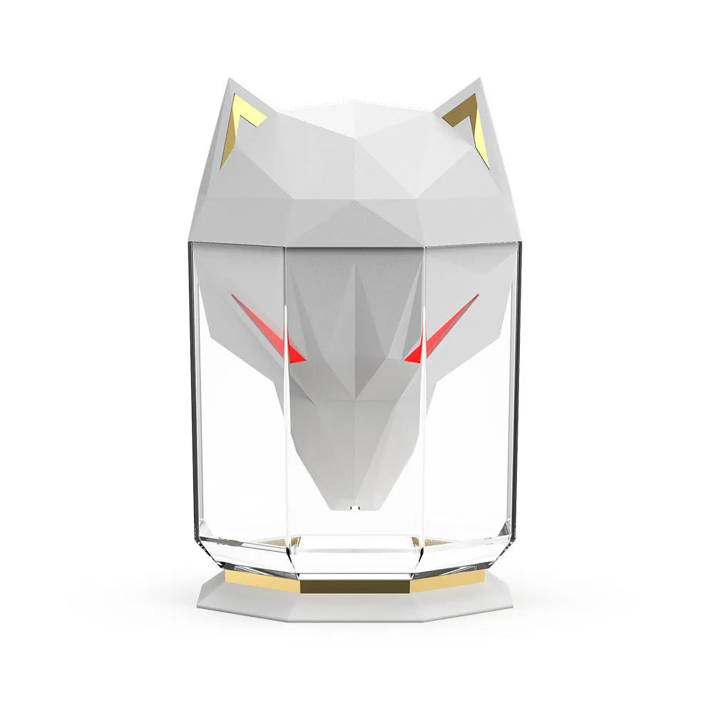 War Wolf ultrasonic air humidifier with colourful LED lights on desktop with USB cable