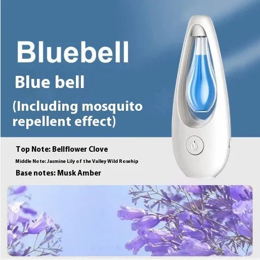 Blue ultrasonic aroma diffuser with mosquito repellent function, 15cm diameter, showing essential oil bottle