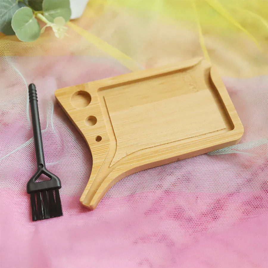 Bamboo slotted funnel-type cigarette tray set, 13.2cm long, 10cm wide, with 11 x 2.5cm brush in wood colour