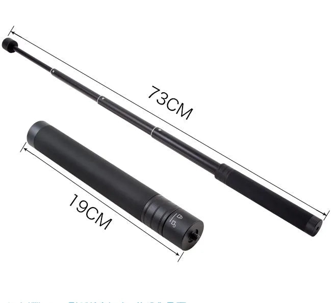 Black retractable selfie stick extended to full 100cm length with phone attached and Bluetooth remote control