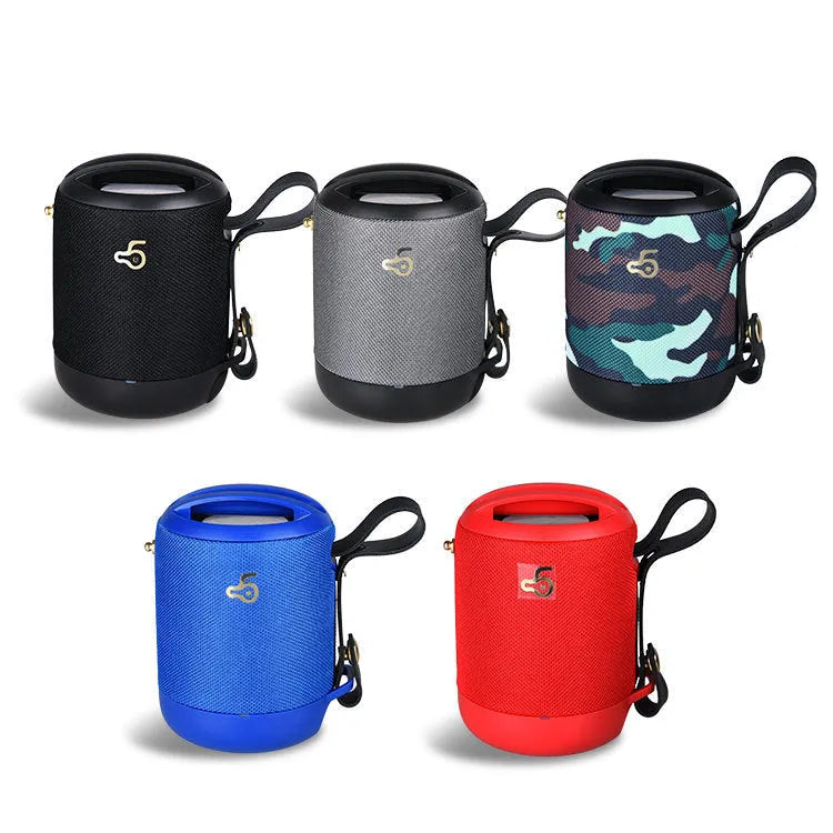 Wireless portable mini waterproof card subwoofer in black, showing compact design with portable belt and button controls