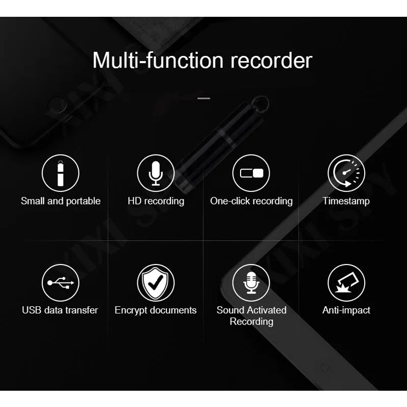 Black Amoi A1 metal voice recorder with headset shown alongside capacity options 4GB 8GB 16GB 32GB