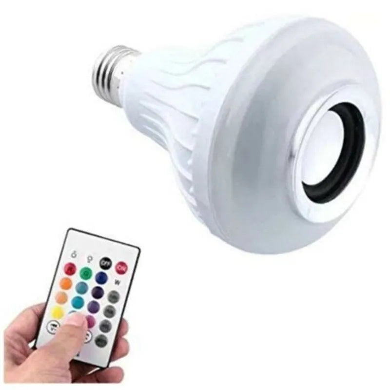 White smart LED bulb with Bluetooth speaker and remote control for multi-colour lighting.