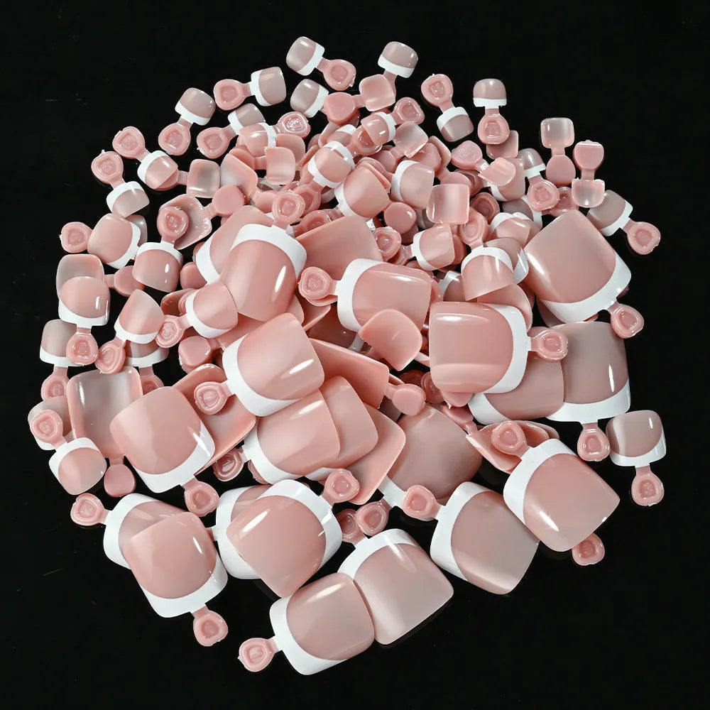 120 French white edge nude square short artificial toe nails in nine natural shades