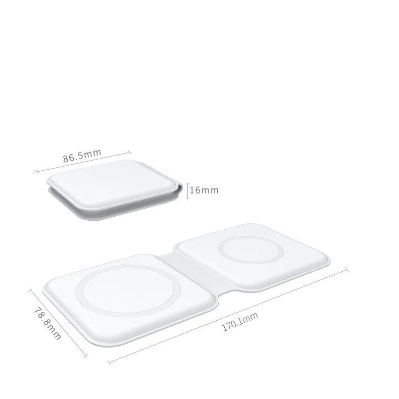 White 2 in 1 magnetic wireless charger with foldable stand charging two phones simultaneously