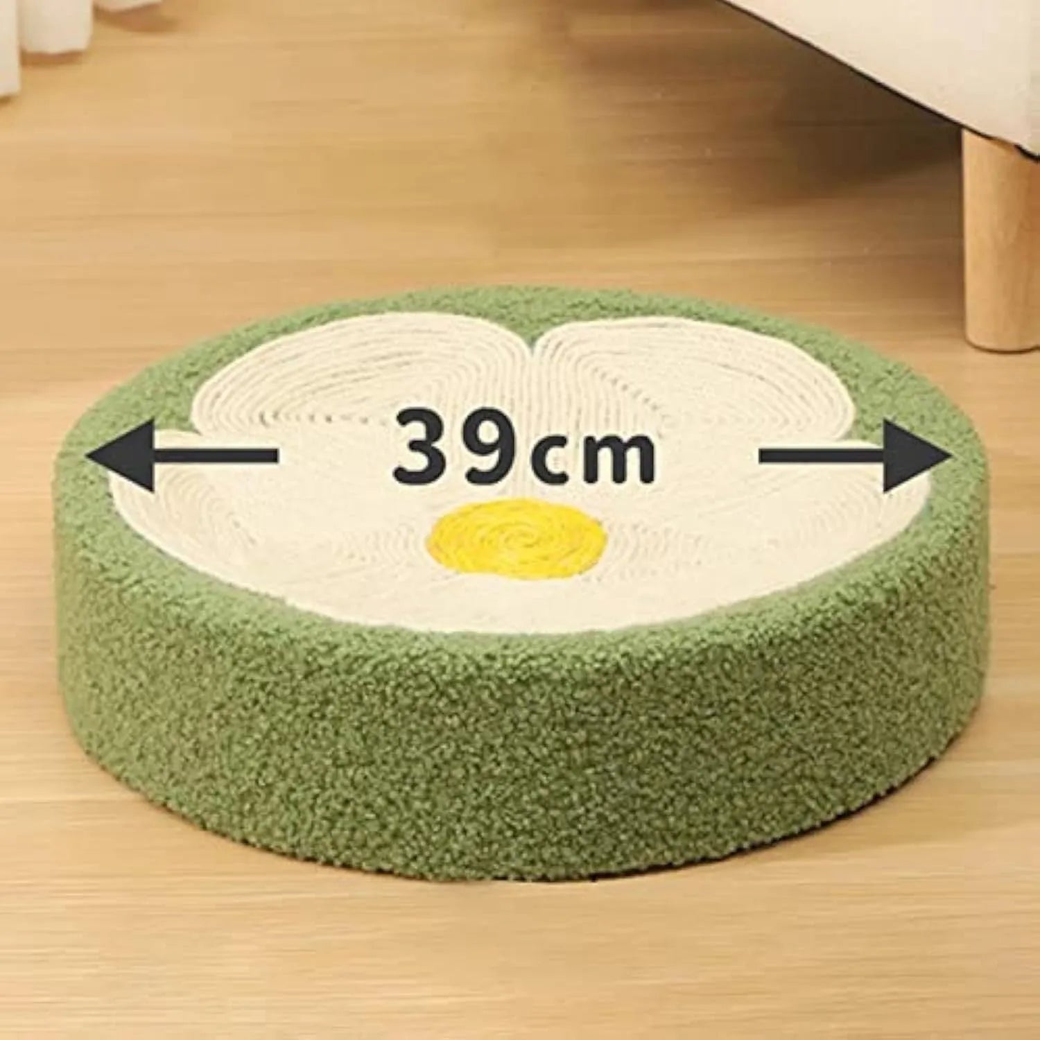 Green sisal cat scratcher bowl with round lounge bed design, 39cm diameter, for furniture protection