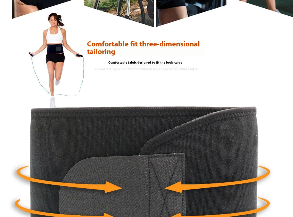 Neoprene lumbar support belt wrapped around waist showing adjustable hook-and-loop closure in black colour