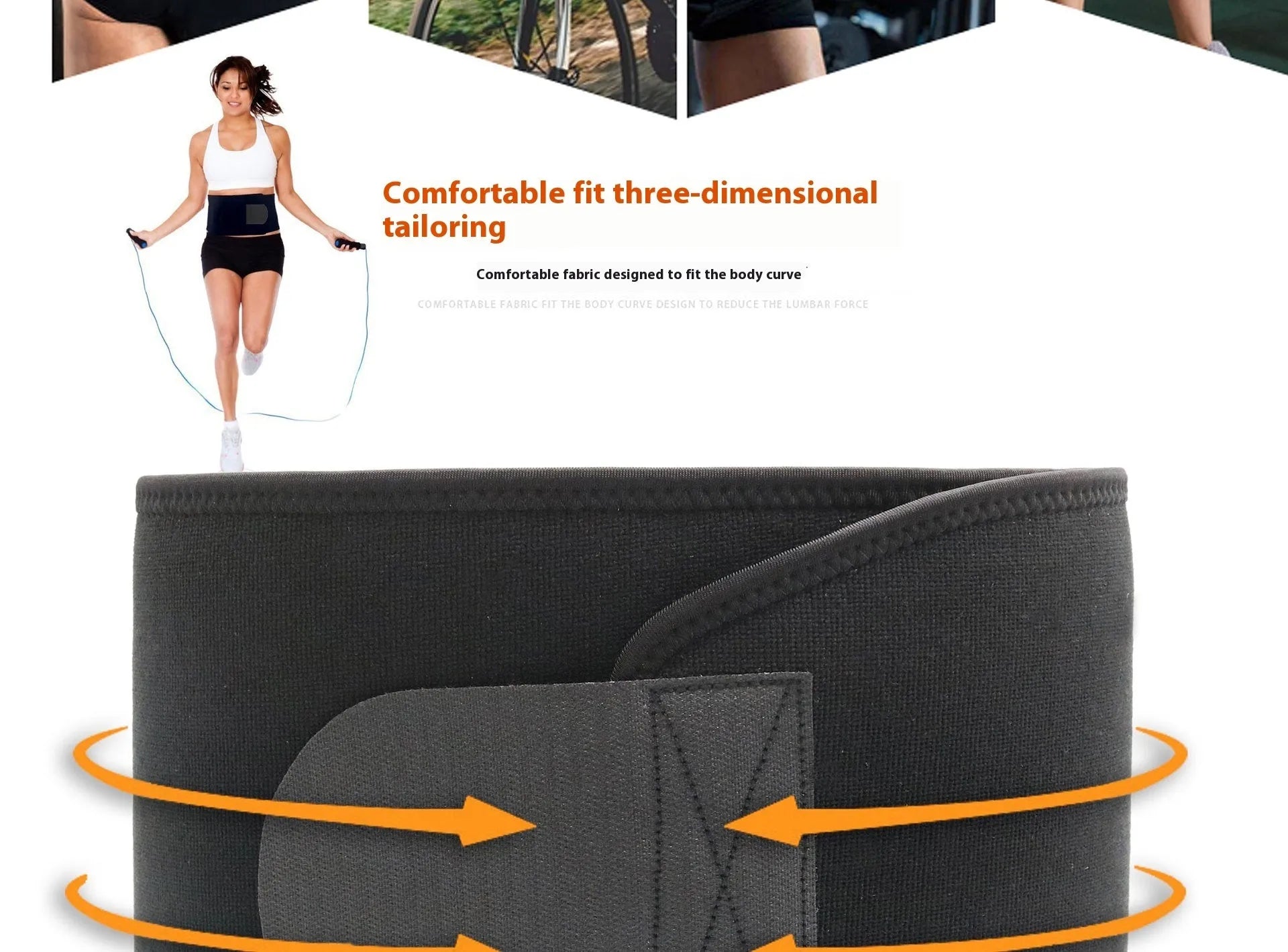 Neoprene lumbar support belt wrapped around waist showing adjustable hook-and-loop closure in black colour