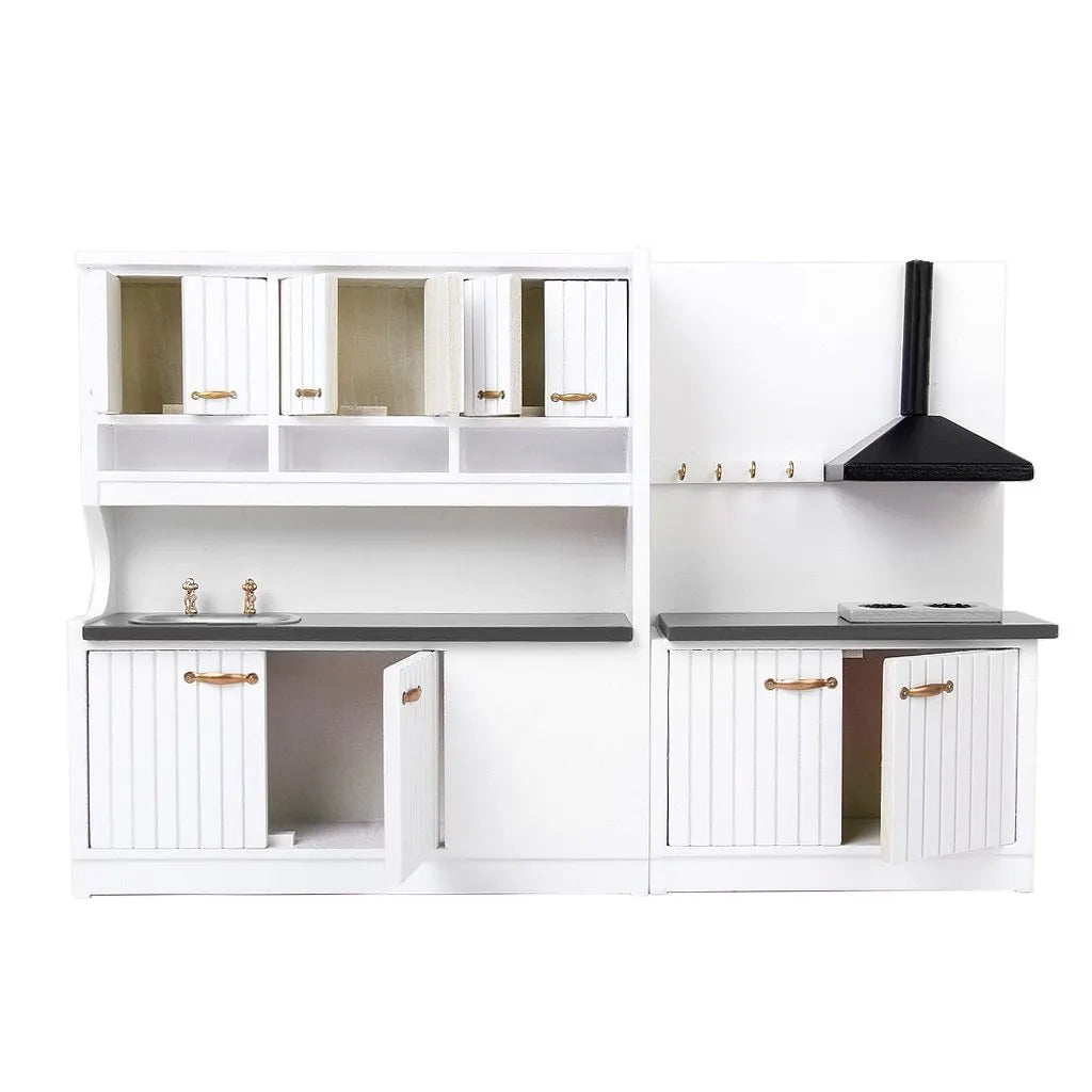 White birch dollhouse kitchen cabinets with working doors and metal handles, sink and stove cabinet set