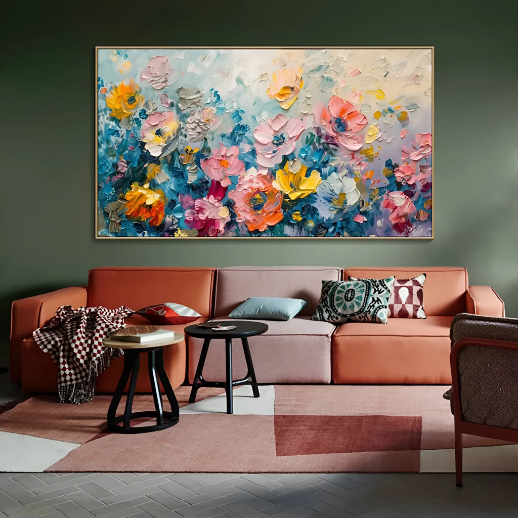Handmade handpainted rose oil painting on canvas, large horizontal flower wall art without frame