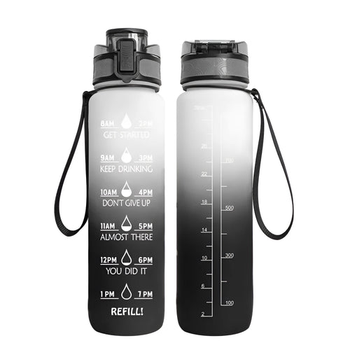 Clear 1000ml Tritan sports water bottle with blue lid and infuser inside, showing measurements.