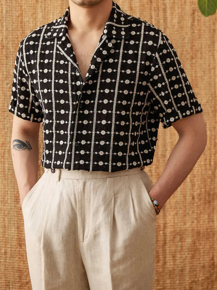 Black 100% cotton Cuban collar short sleeve shirt with printed design and embroidery, sizes M to 3XL