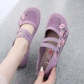 Middle-aged and elderly slip-on flat shoes with elastic fabric upper and rubber sole in embroidered or solid colours