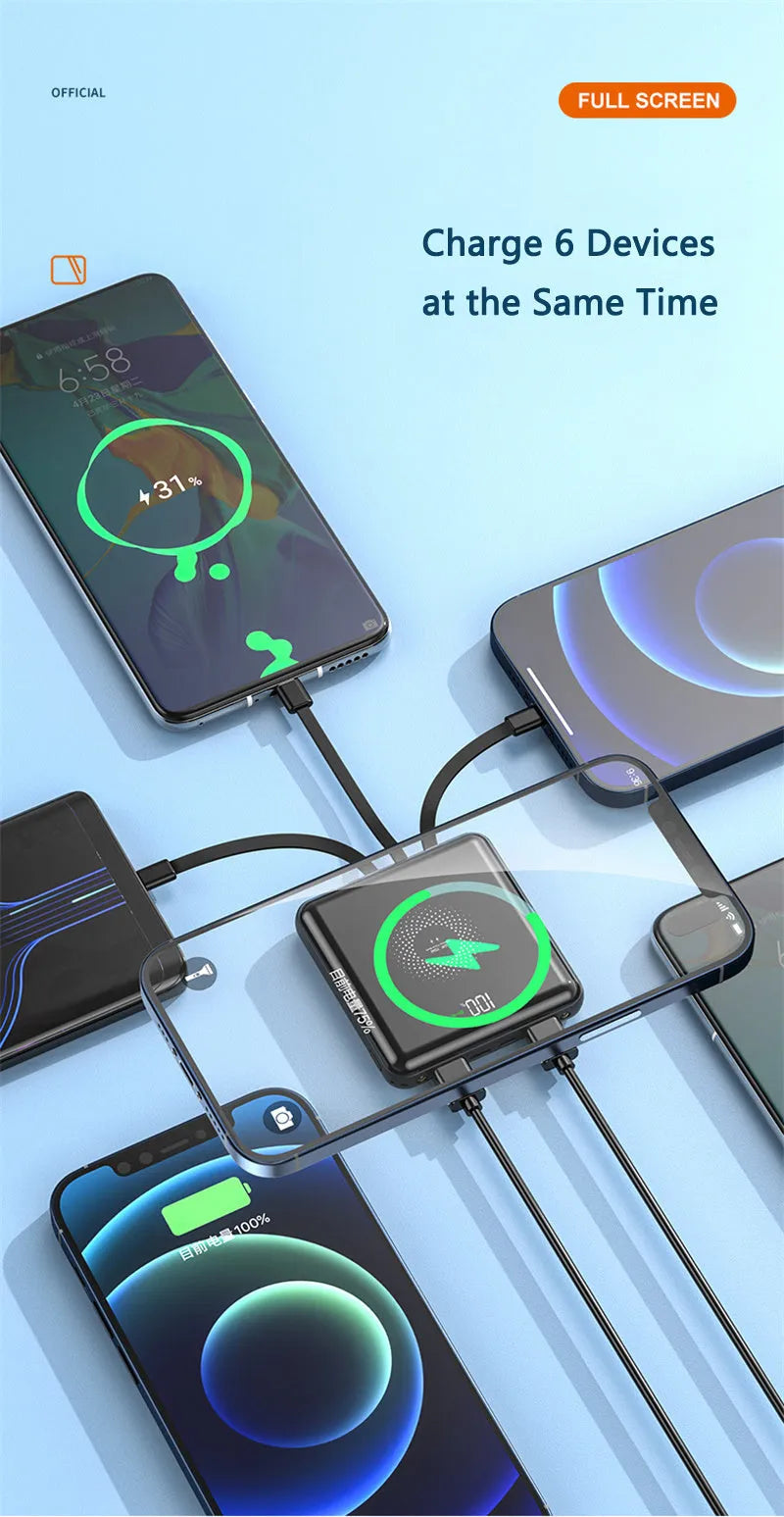20000mAh portable power bank with LCD display showing battery percentage, available in black, green, and red colours