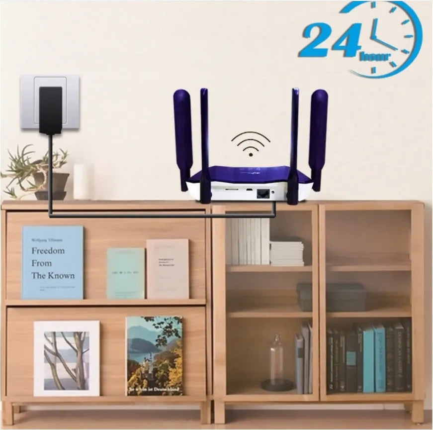 Blue 4G all netcom dual mode router with four antennas, measuring 153 mm wide, for wireless and wired internet connectivity
