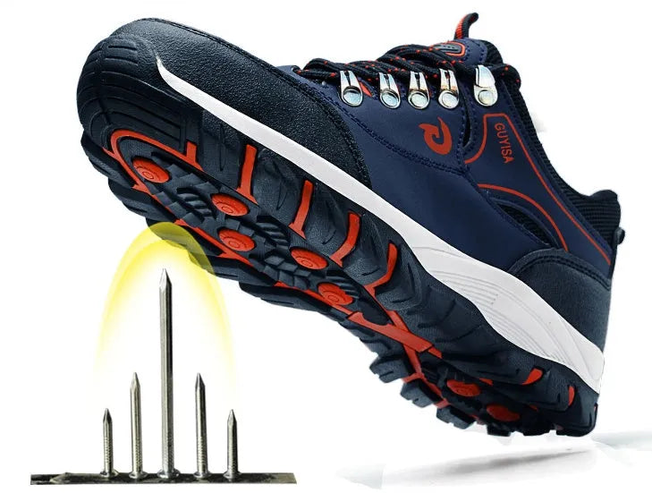 Guisalao men's low-cut safety shoes with steel toe cap, anti-piercing design, camouflage plus fur upper, available in black, blue, green, red.