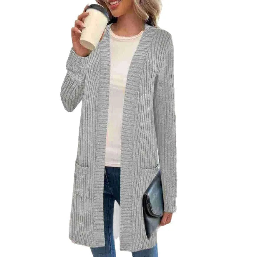Long sleeve loose pockets knitted cardigan jacket in black colour showing front cardigan design and pocket details