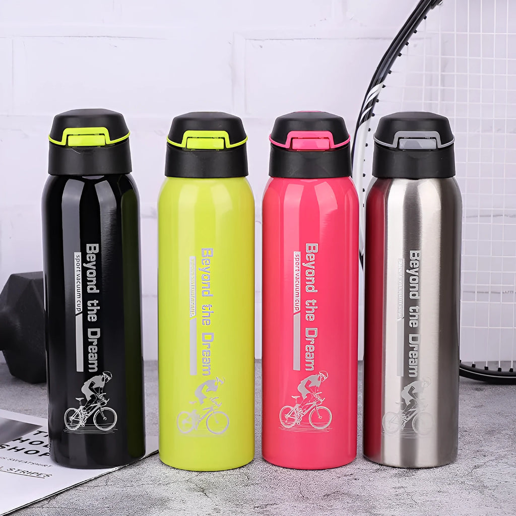 500ml insulated bike water bottle in double stainless steel, 24 x 6.6cm, shown in Black, Green, Pink, or Silver.