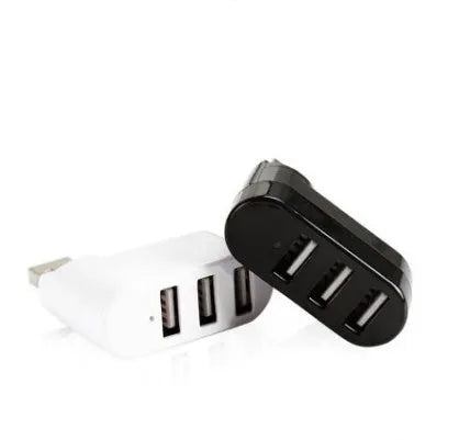 Black USB splitter hub with four 2.0 ports and 15cm cable on wooden desk