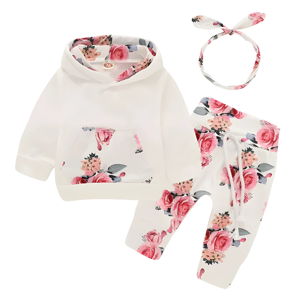 White cotton hooded pants suit for baby girl with long sleeves and trousers