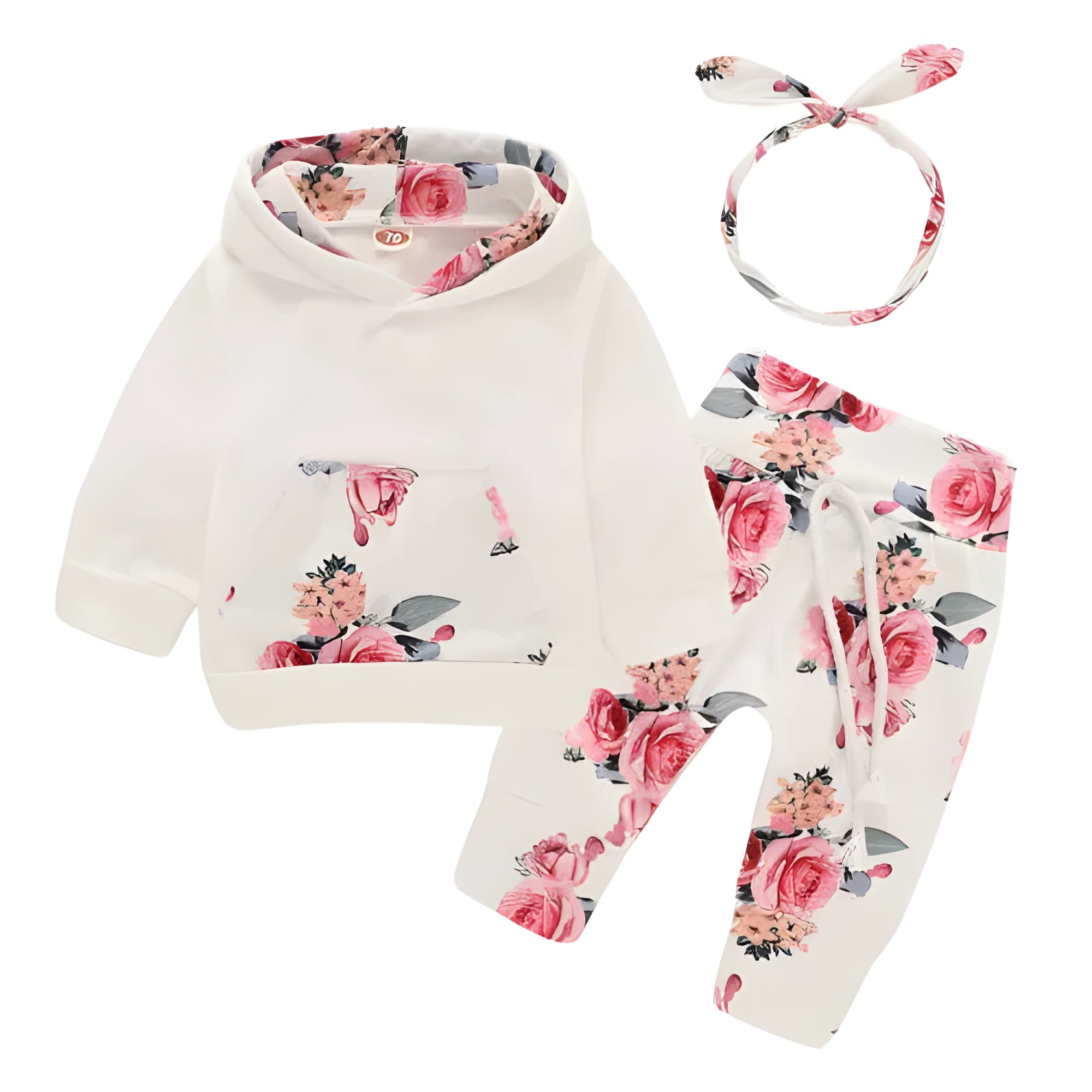 White cotton hooded pants suit for baby girl with long sleeves and trousers