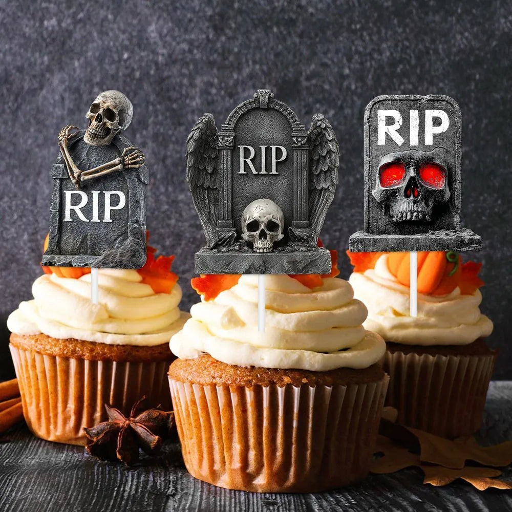 Pack of twelve small paper Halloween cake flags with tombstone designs in horror styles for spooky decoration