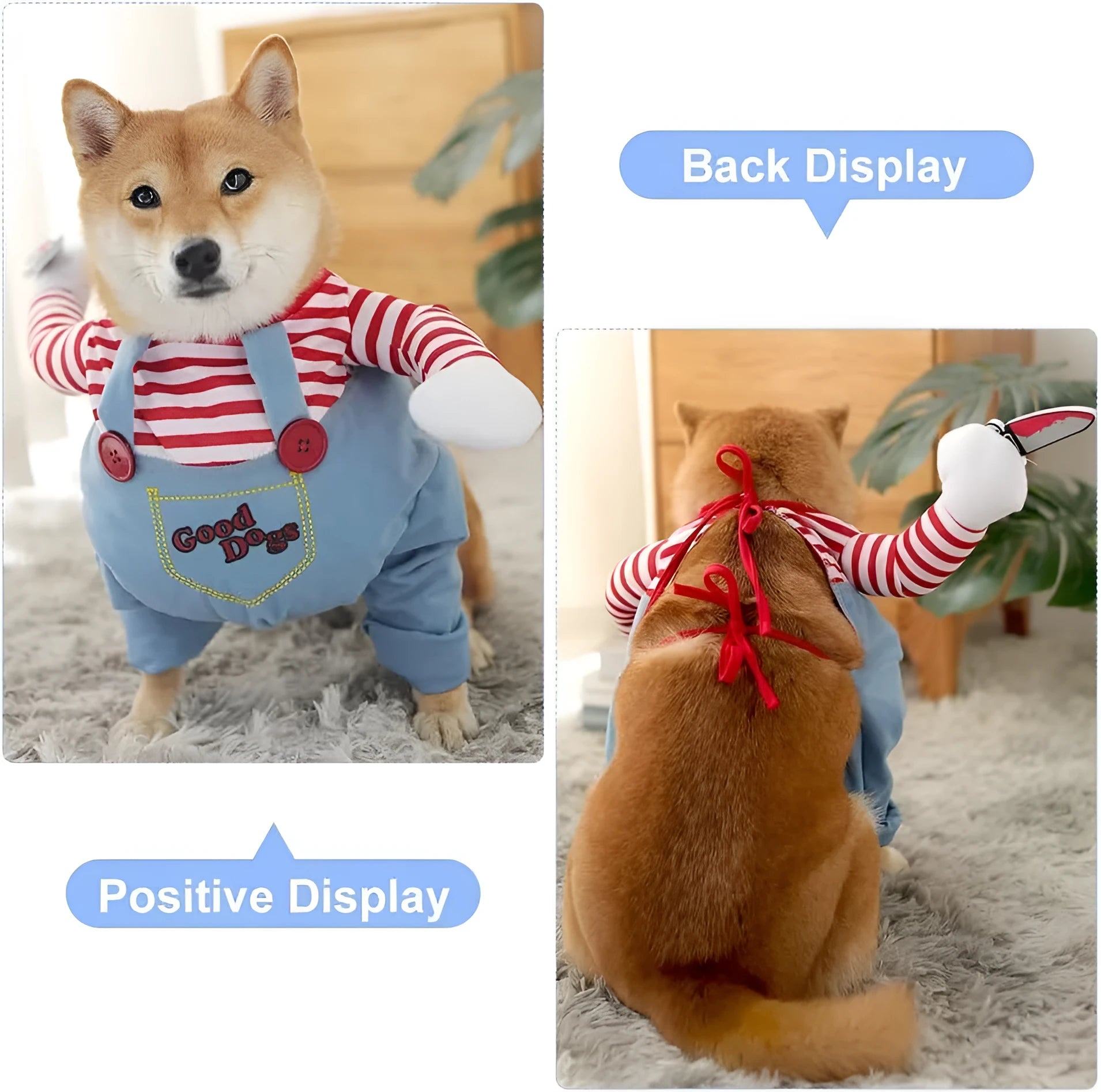 Black and orange striped Halloween costume set for pets with harness pants, vest and plastic knife accessory