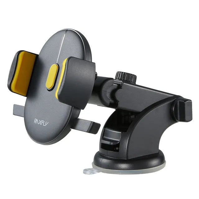 Yellow and black car phone holder with telescopic arm and suction cup on a dashboard