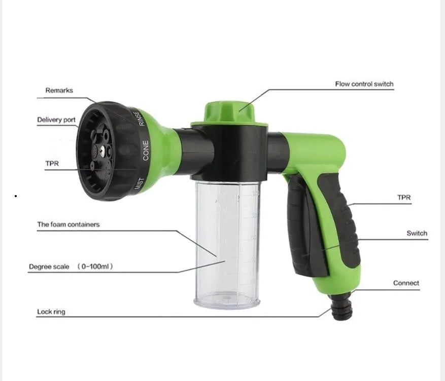 Green high-pressure foam spray gun with adjustable nozzle for car washing and household cleaning, showing eight spray types and 15cm by 21cm size