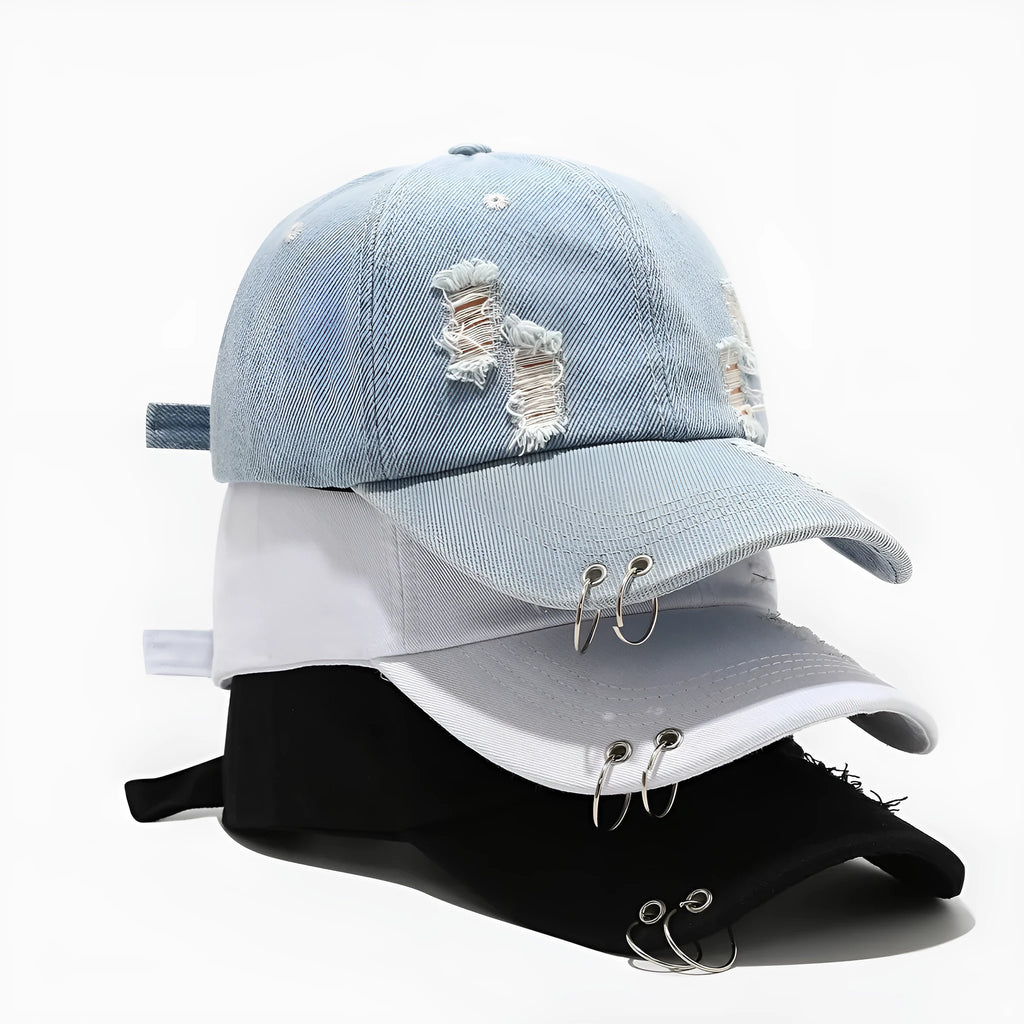 Men's adjustable cotton denim peaked cap in black showing dome crown and peaked brim design