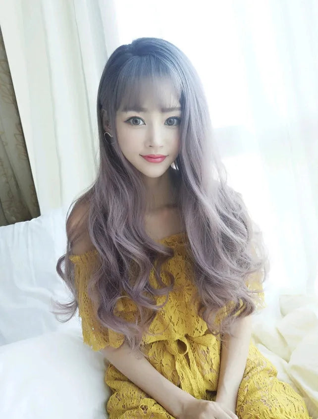 Long wavy curly wig with air bangs and pear flower detail, high temperature fibre, 62cm, for women